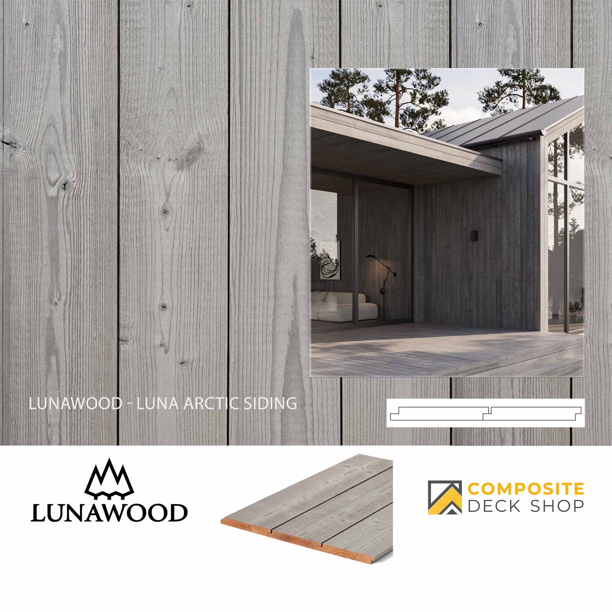 Advertisement for Lunawood Luna Arctic Siding with a house exterior and product sample.