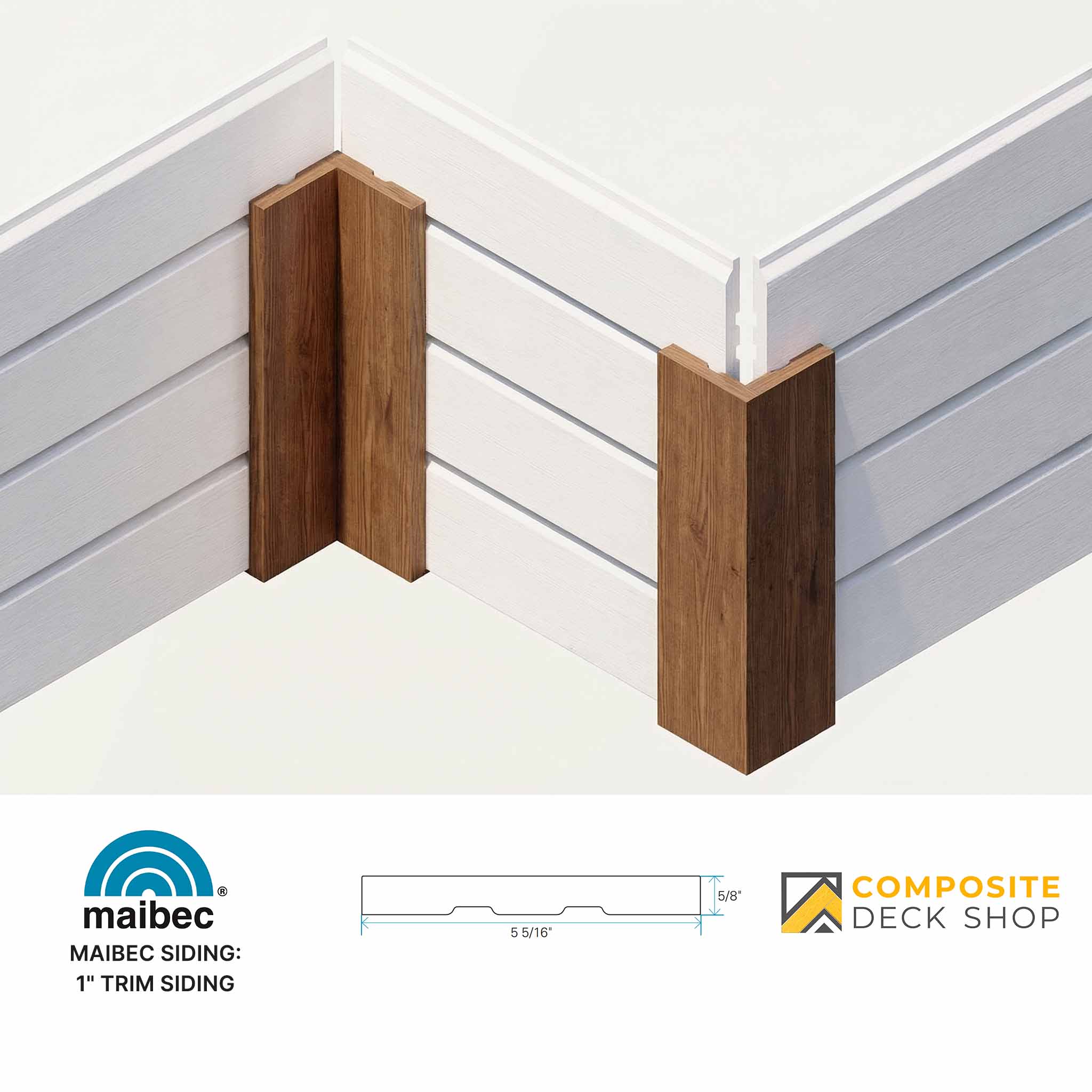 Diagram showing installation of Maibec 1" Trim Siding on exterior corners, with Composite Deck Shop and Maibec logos below.