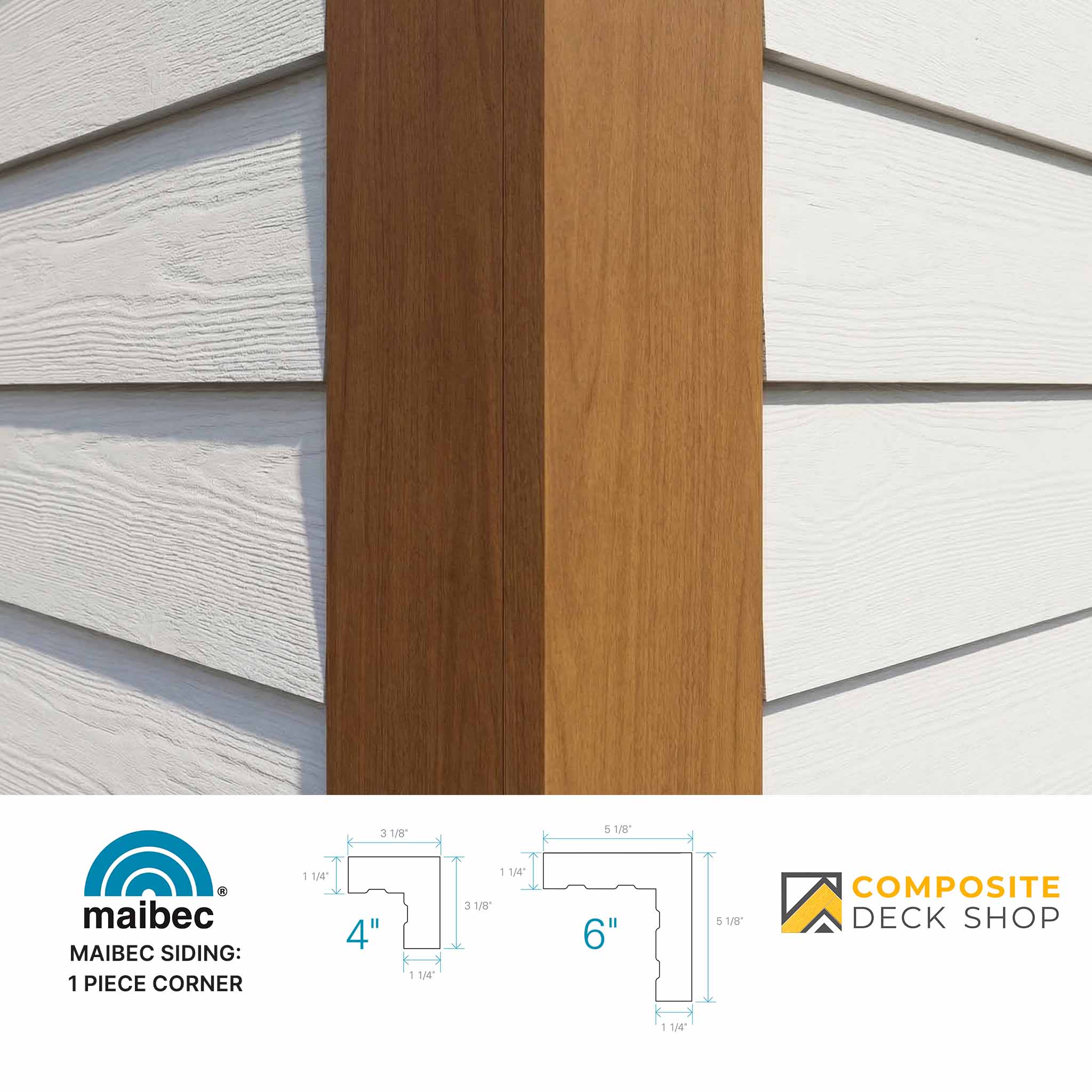 Two wooden siding panels on a gray siding background with Maibec and Composite Deck Shop branding.