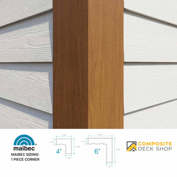 Two wooden siding panels on a gray siding background with Maibec and Composite Deck Shop branding.