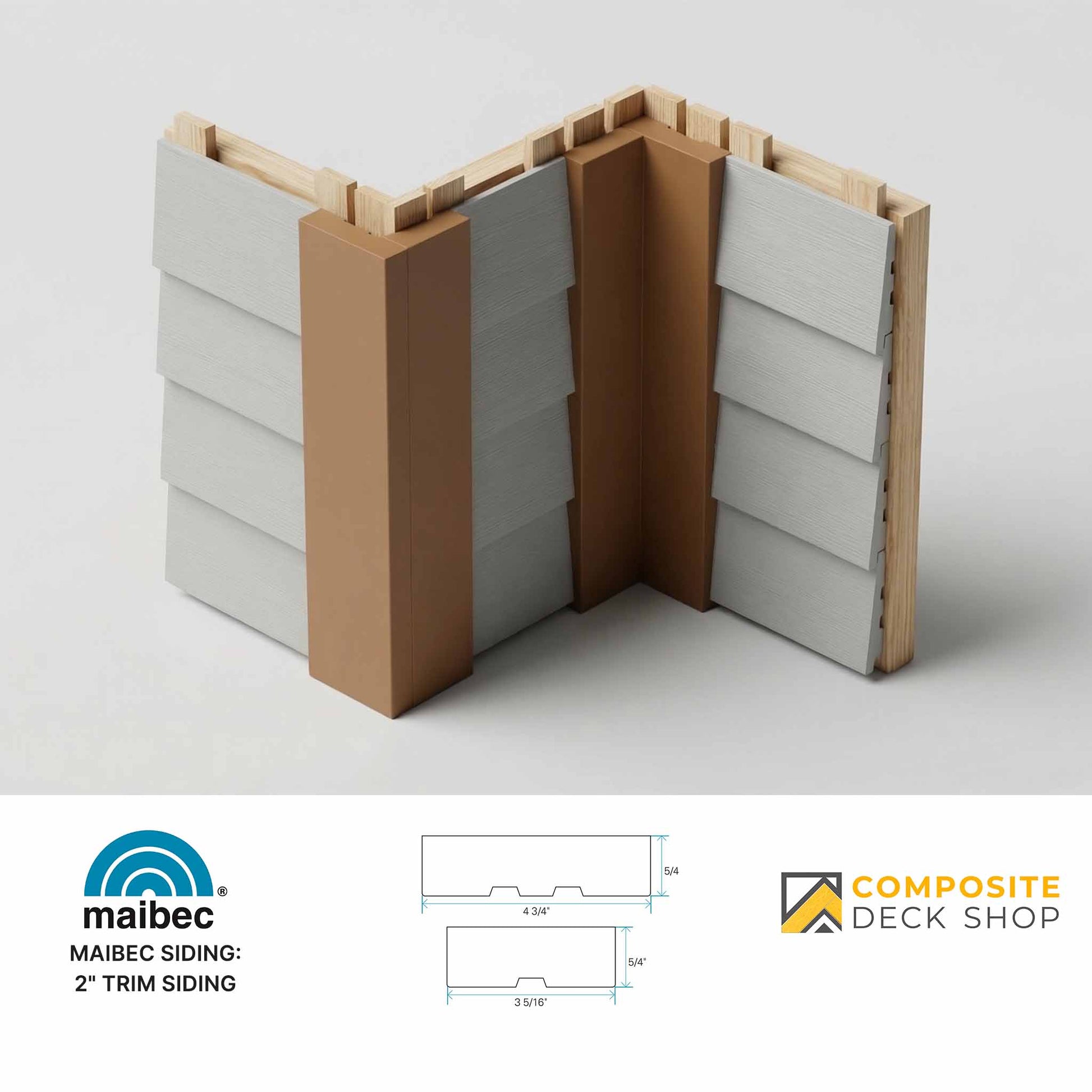 3D rendering of a wood siding corner with exterior trim, showing construction detail and dimensions, with Maibec and Composite Deck Shop logos.
