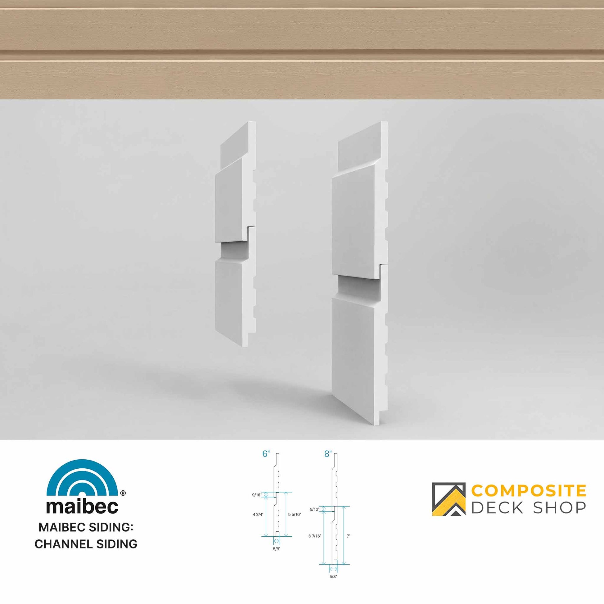 White channel siding panels with Maibec and Composite Deck Shop branding on a white background.