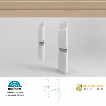 White channel siding panels with Maibec and Composite Deck Shop branding on a white background.