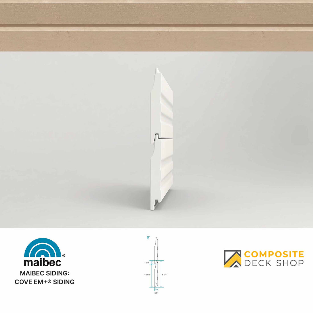 Cove EM+ siding panel on a white background with Maibec and Composite Deck Shop logos.