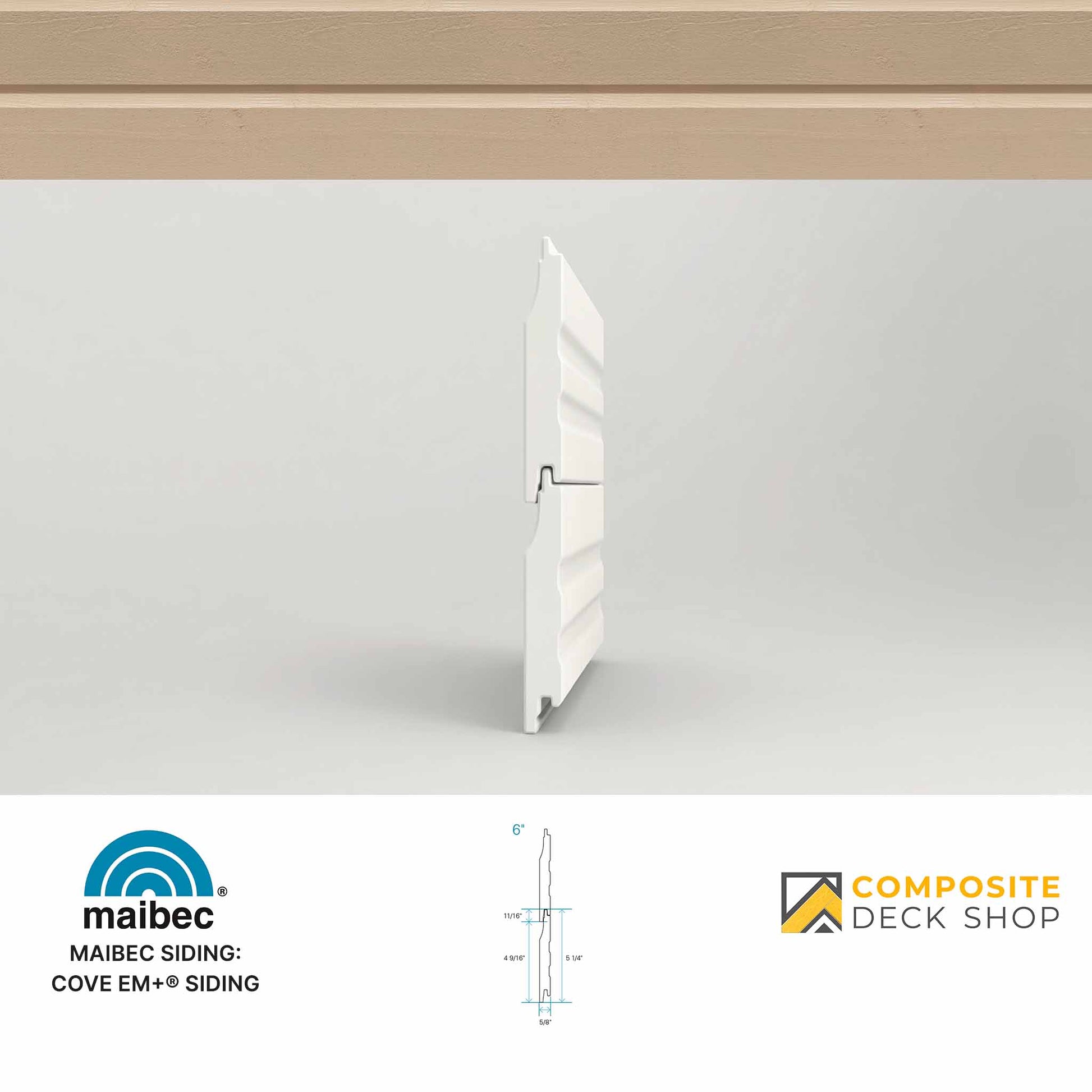 Cove EM+ siding panel on a white background with Maibec and Composite Deck Shop logos.