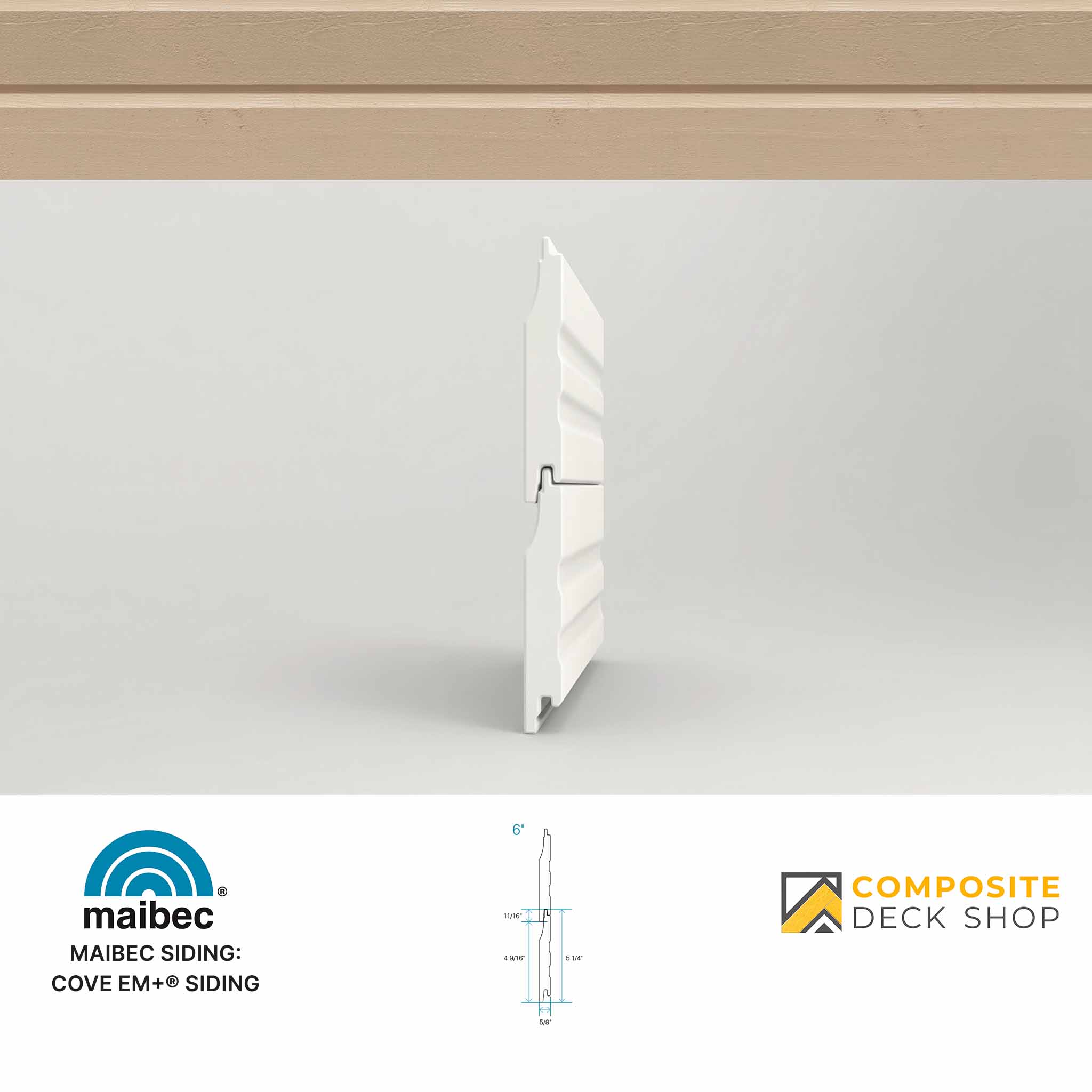 Cove EM+ siding panel on a white background with Maibec and Composite Deck Shop logos.