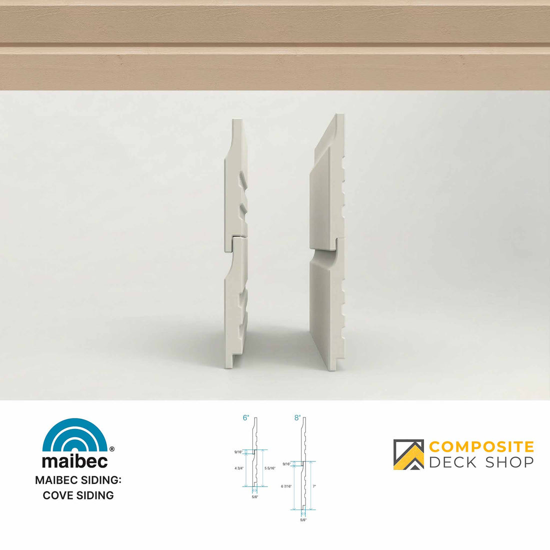 Maibec cove siding samples on a white background with Composite Deck Shop branding.