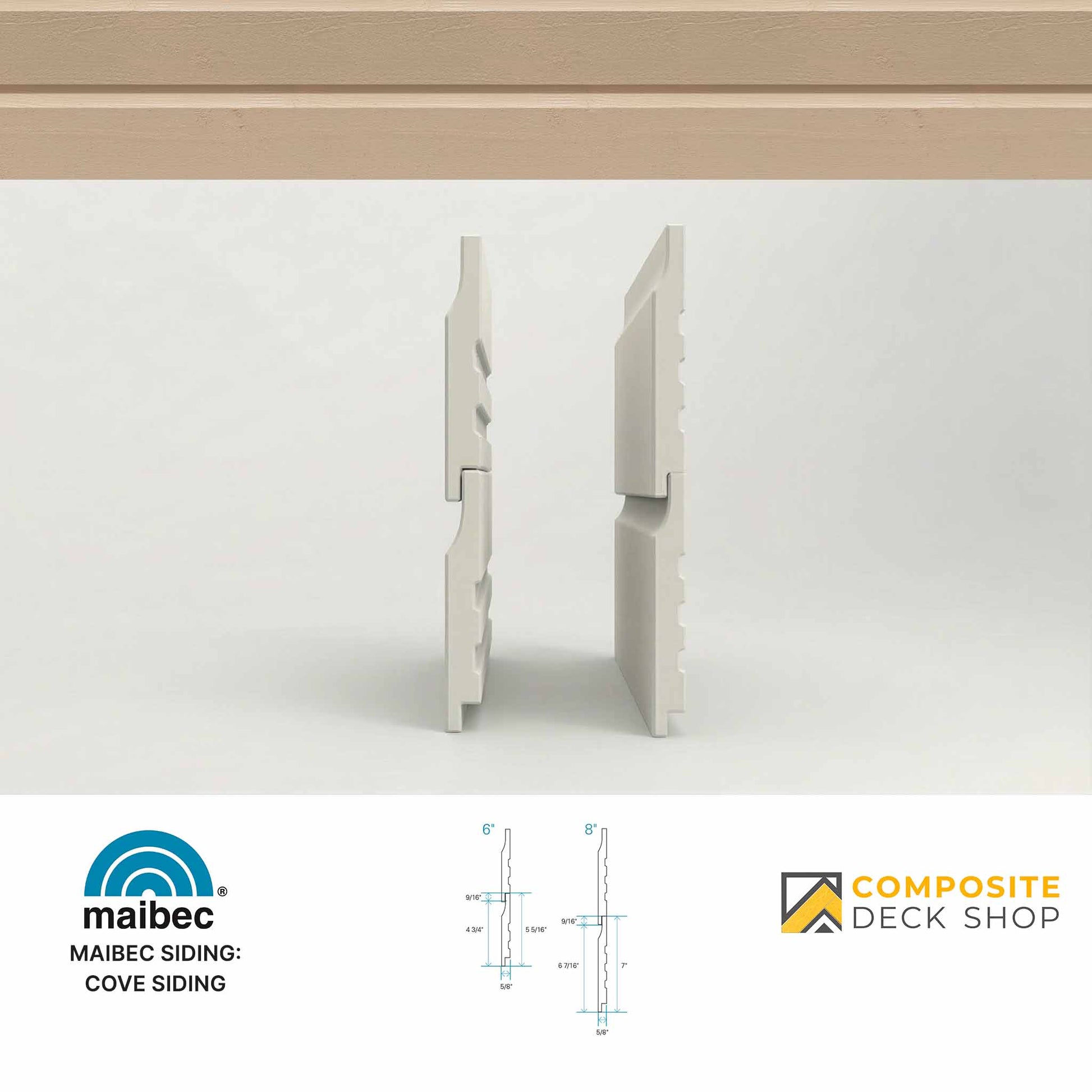 Maibec cove siding samples on a white background with Composite Deck Shop branding.