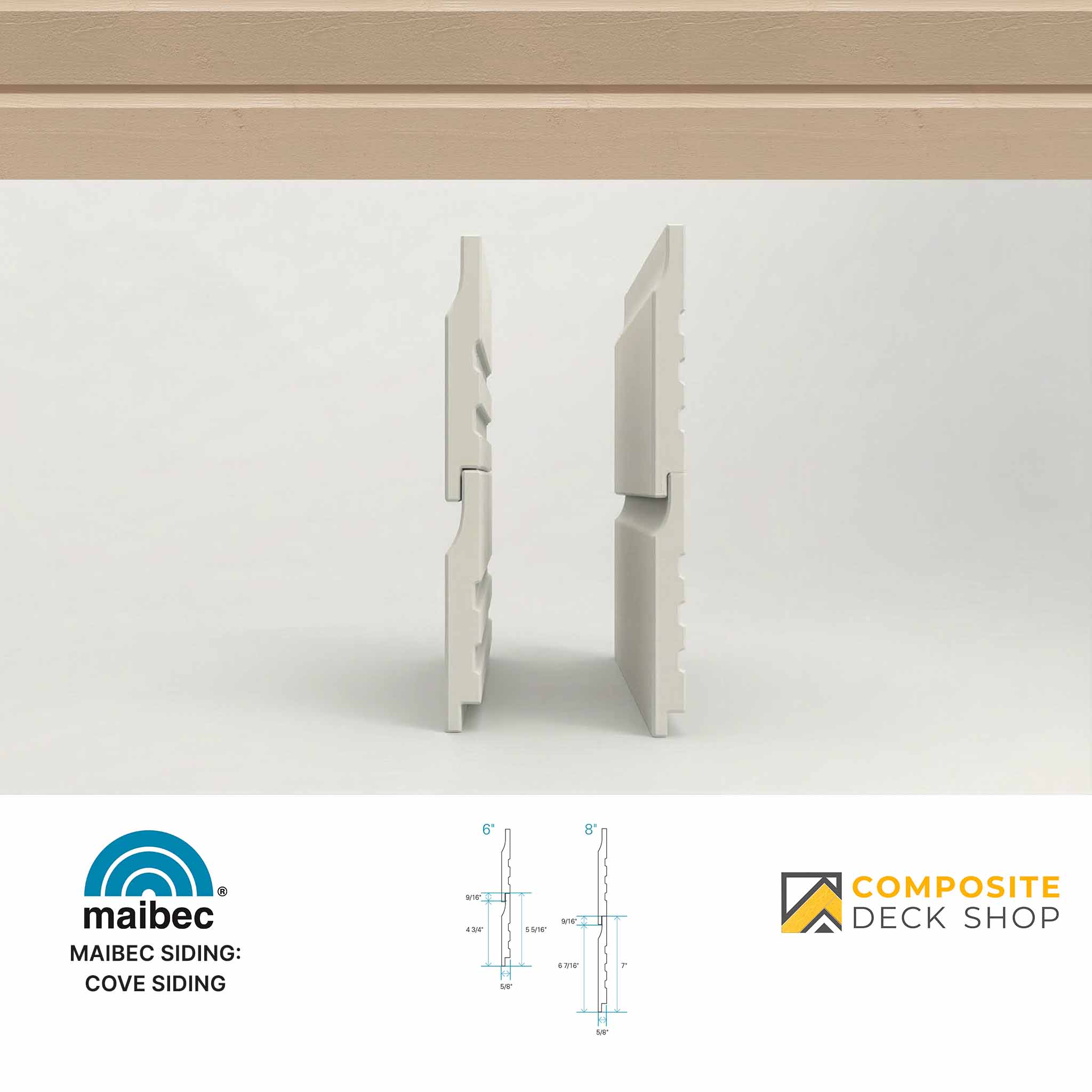Maibec cove siding samples on a white background with Composite Deck Shop branding.