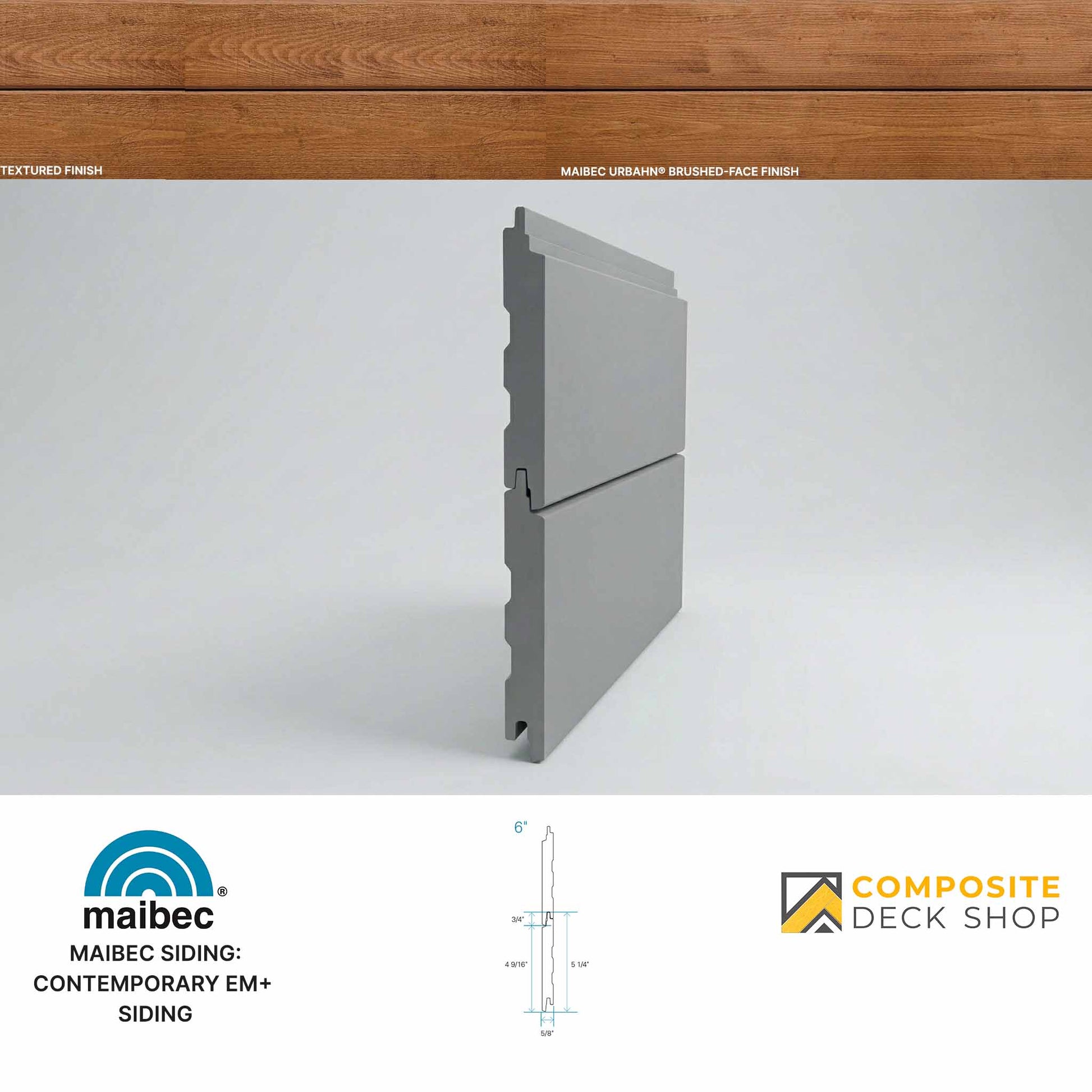 Gray factory-coated exterior siding panel with interlocking design, shown in profile; Maibec and Composite Deck Shop logos below.