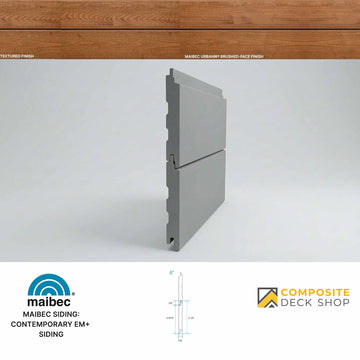 Gray factory-coated exterior siding panel with interlocking design, shown in profile; Maibec and Composite Deck Shop logos below.