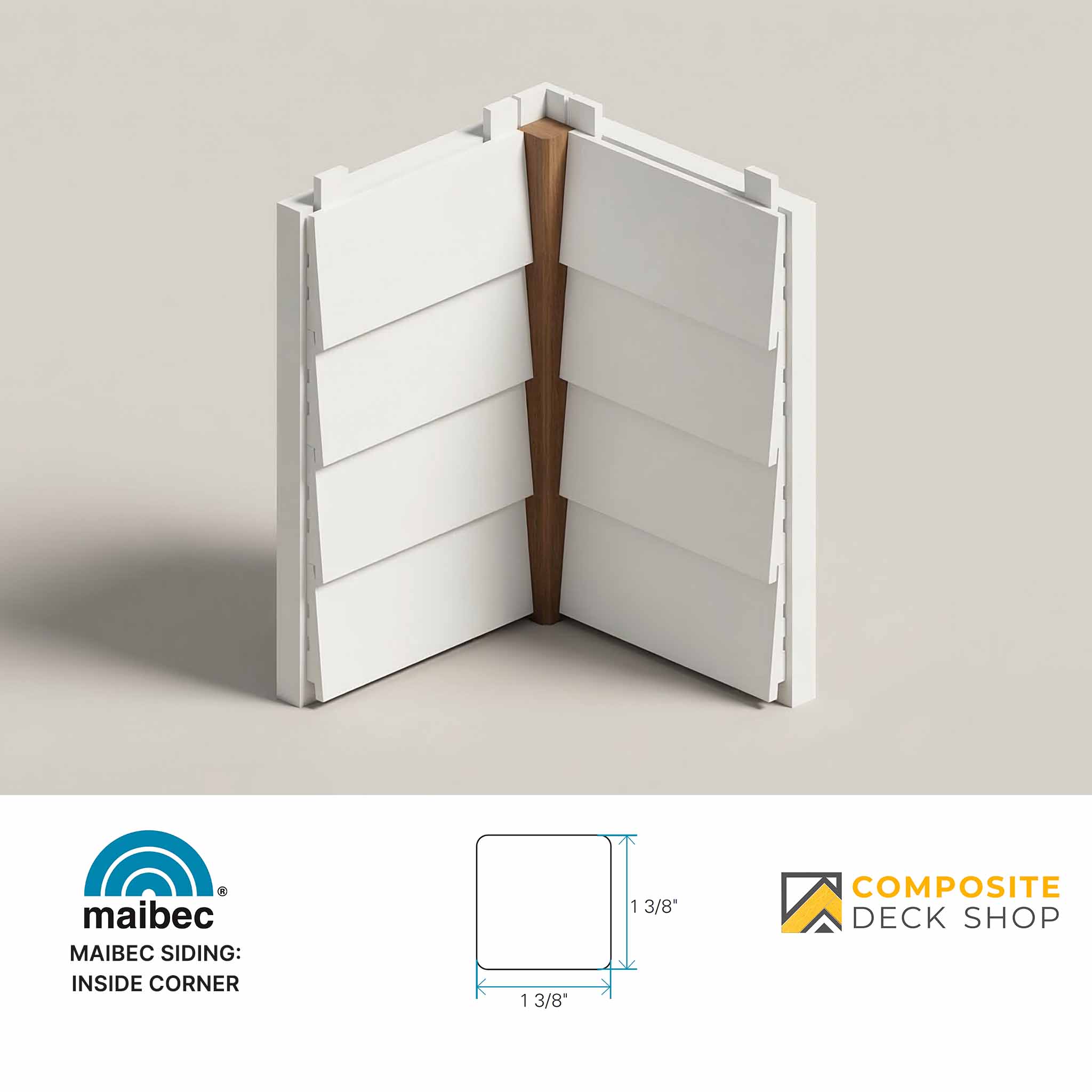 White exterior corner moulding with kiln-dried SPF insert, shown with dimensions and Maibec Inside Corner logos at bottom.