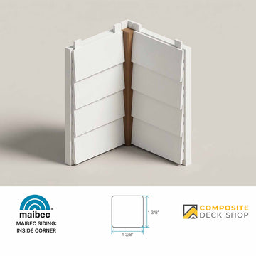 White exterior corner moulding with kiln-dried SPF insert, shown with dimensions and Maibec Inside Corner logos at bottom.