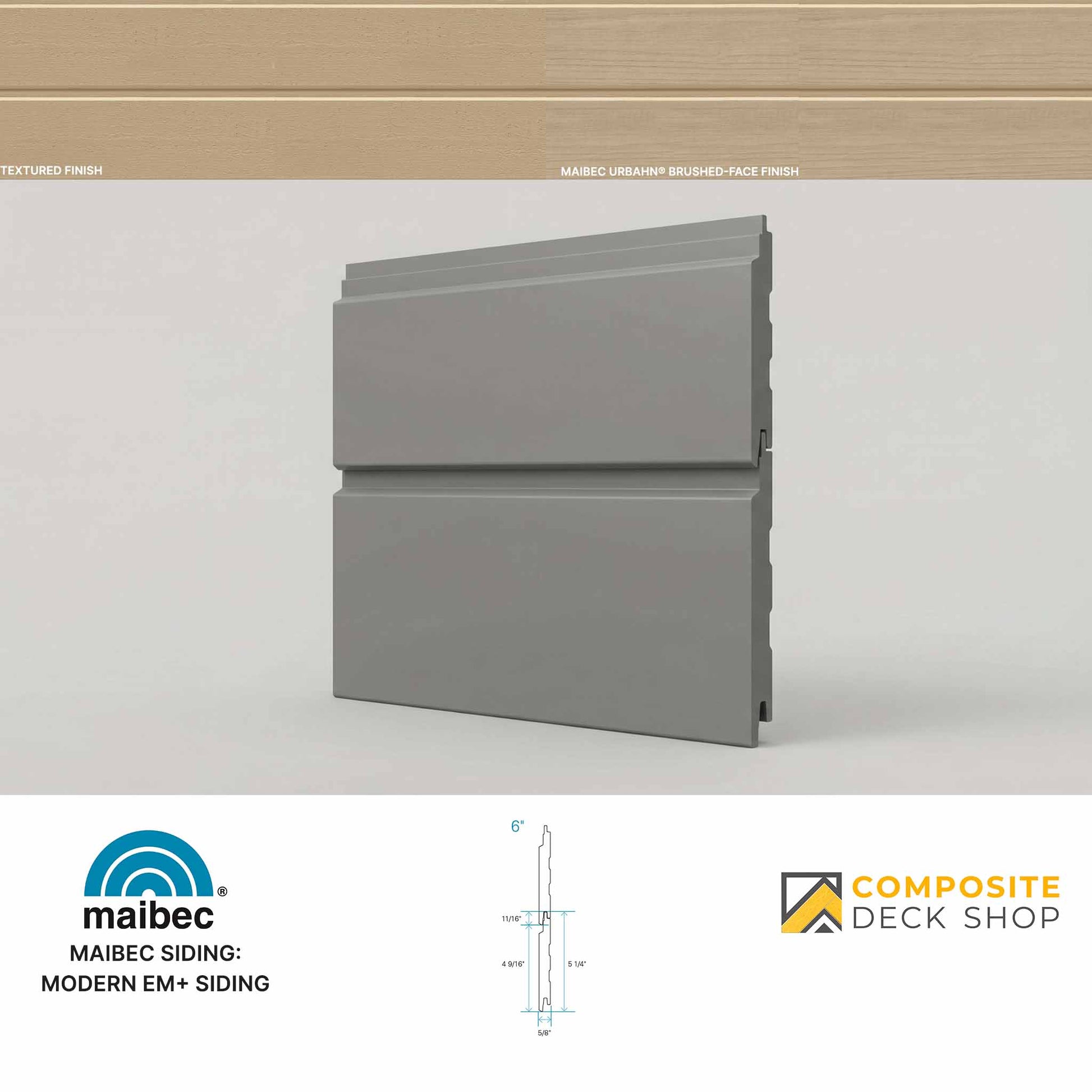 Gray factory-coated siding panel displayed with dimensions and finishes, featuring Maibec and Composite Deck Shop logos.