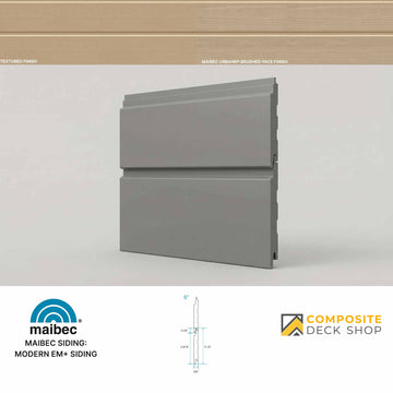 Gray factory-coated siding panel displayed with dimensions and finishes, featuring Maibec and Composite Deck Shop logos.