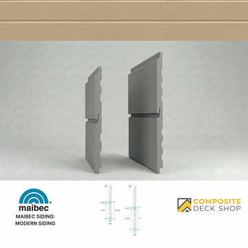 Gray siding panels with Maibec and Composite Deck Shop logos on a white background