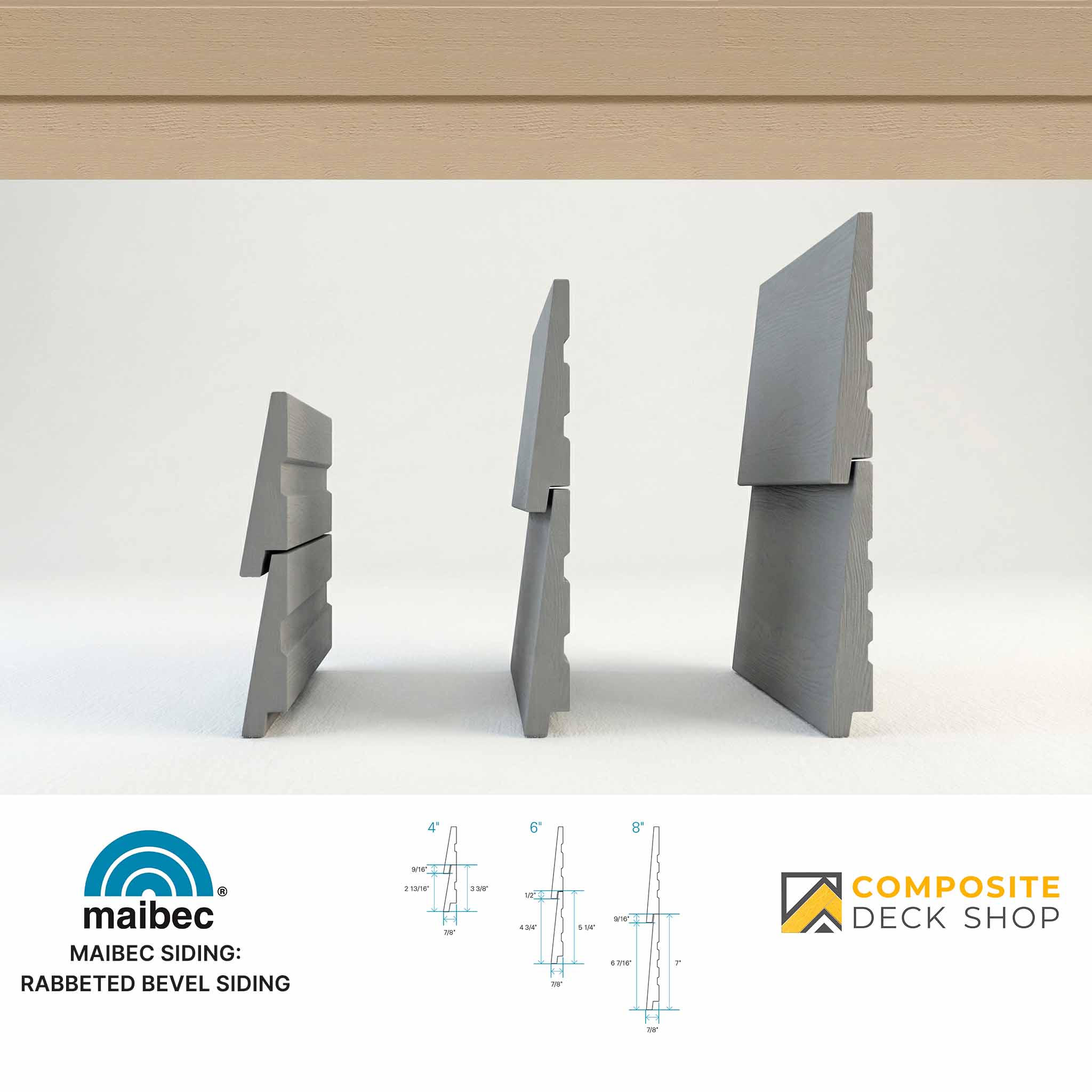 Gray rabbeted bevel siding samples with Maibec and Composite Deck Shop branding on a white background.