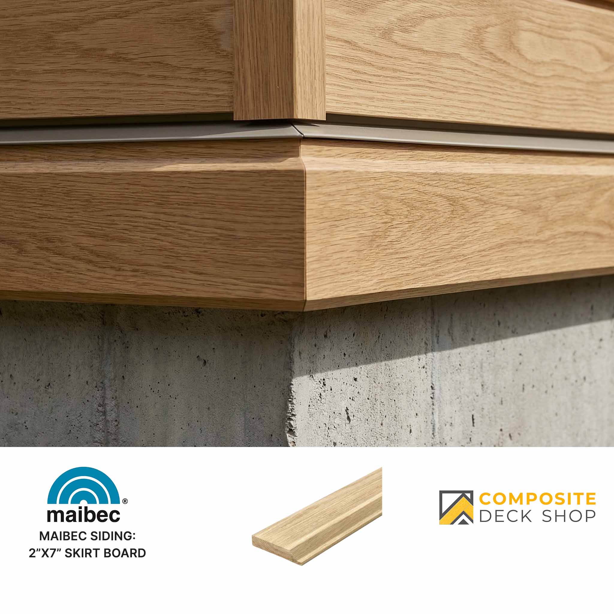 Close-up of light wood siding skirt board above concrete, showcasing wood alternatives for stylish outdoor spaces.