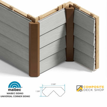 Universal corner siding installation diagram featuring Maibec Universal Corner, brown trim, gray panels, and measurements below.
