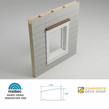 Window drip trim with Maibec siding and Composite Deck Shop branding on a gray background