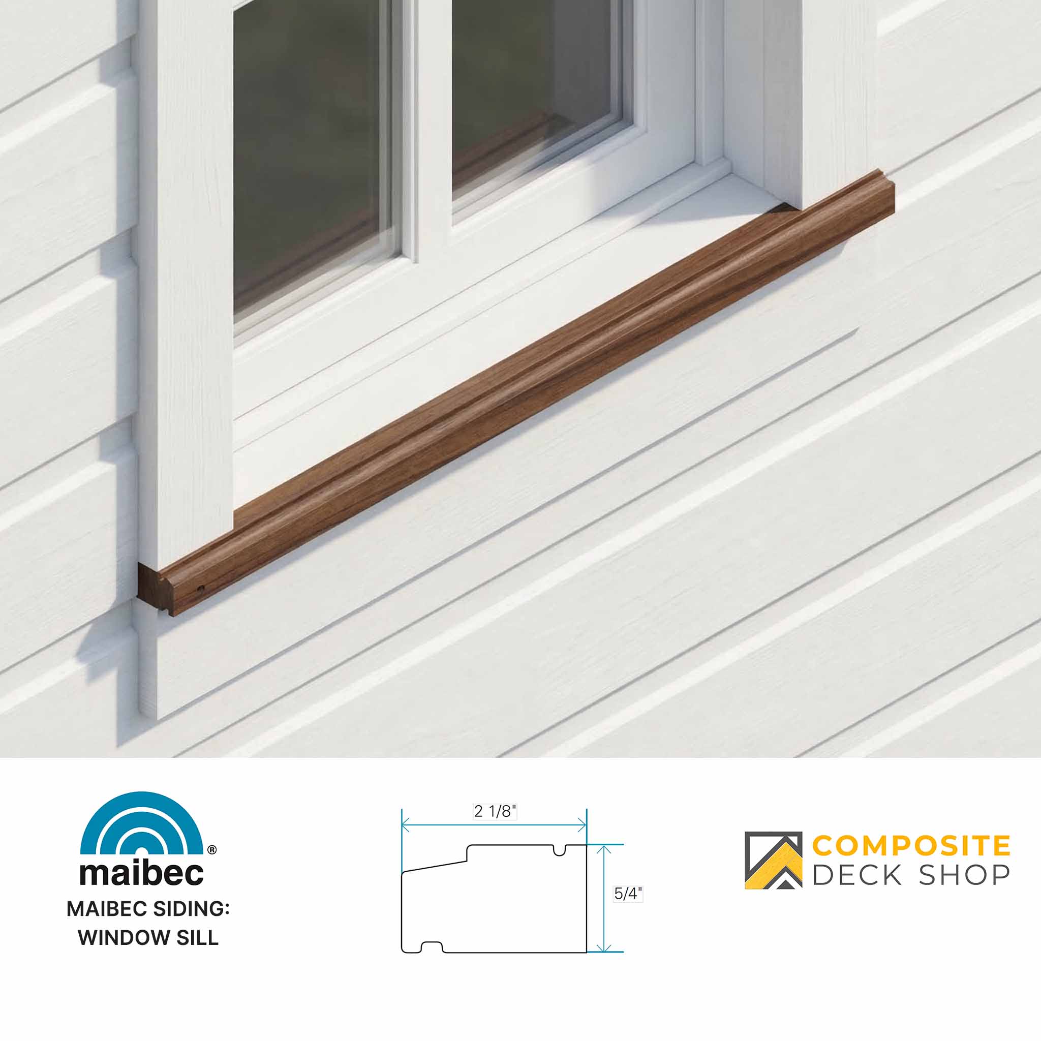 Wooden window sill on a white siding wall with Maibec and Composite Deck Shop branding.