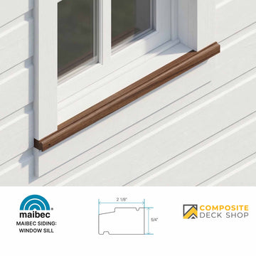 Wooden window sill on a white siding wall with Maibec and Composite Deck Shop branding.