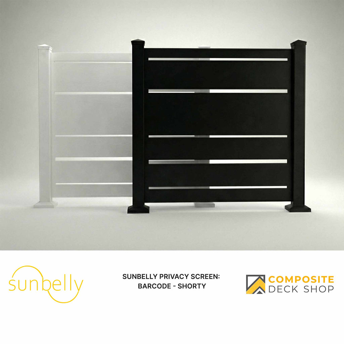Two privacy screens in powder-coated aluminum, one white and one black, are displayed side by side on a plain background.