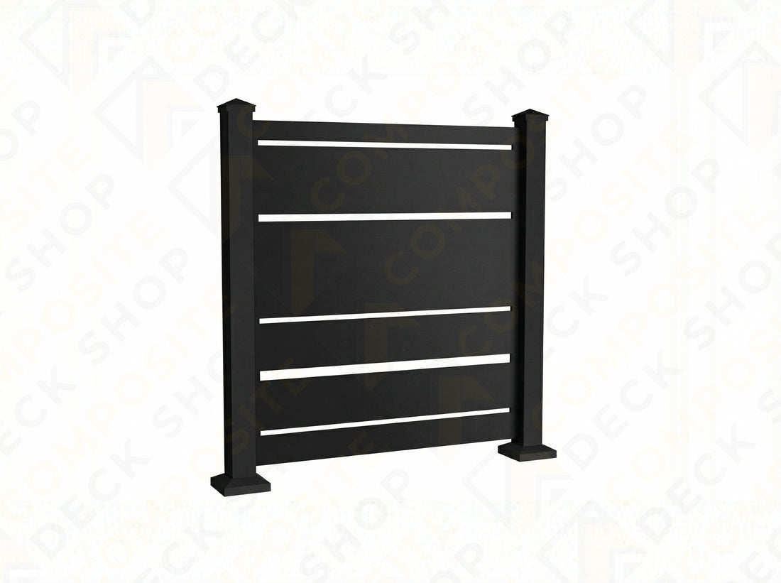 Two privacy screens in powder-coated aluminum, one white and one black, are displayed side by side on a plain background.