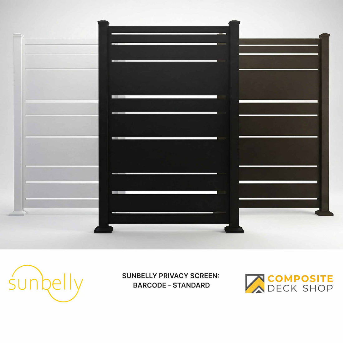 Sunbelly privacy screen with barcode design on a white background, featuring Composite Deck Shop branding.