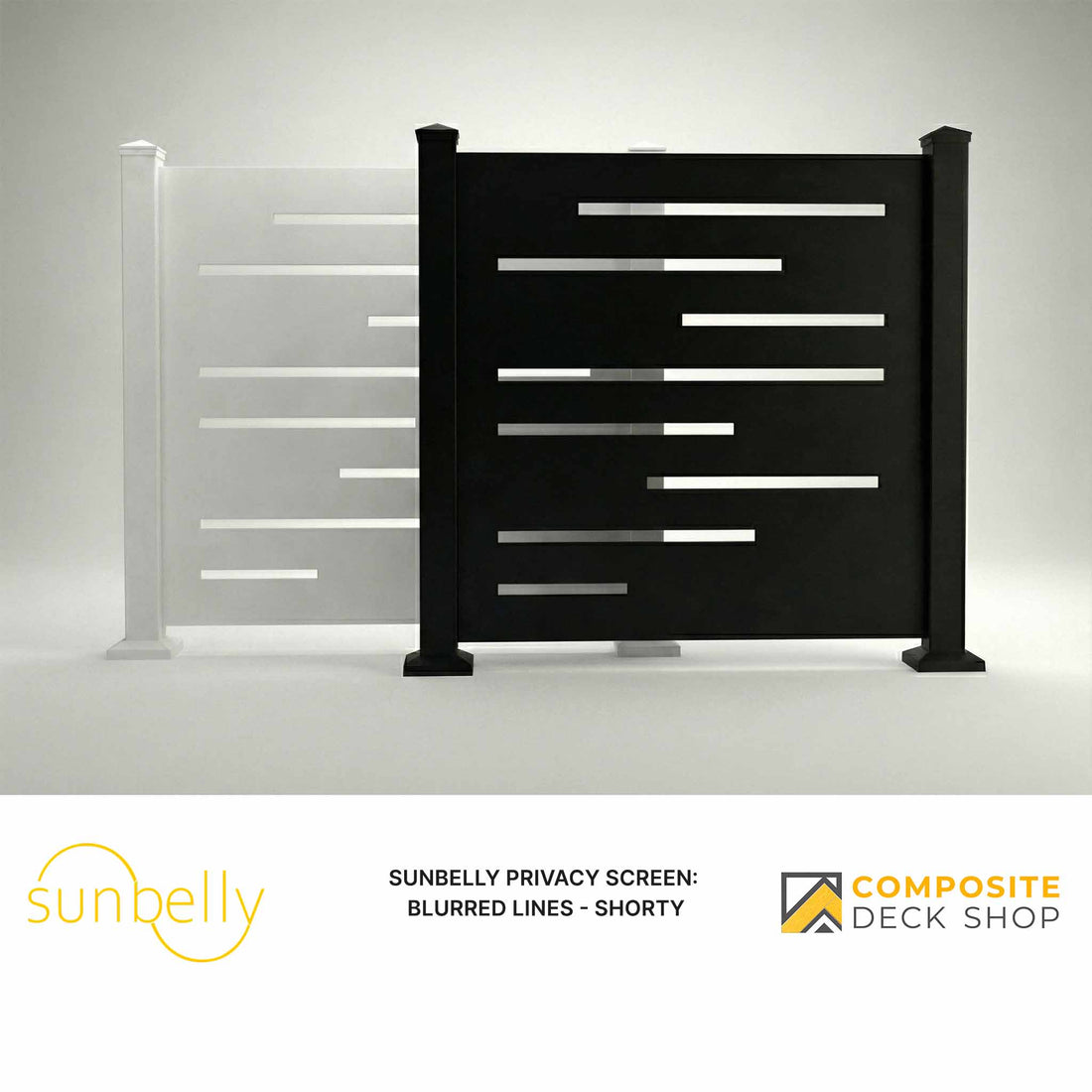 Black privacy screen with blurred lines on a gray background, featuring Sunbelly and Composite Deck Shop logos.