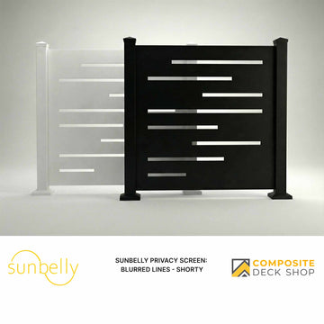 Black privacy screen with blurred lines on a gray background, featuring Sunbelly and Composite Deck Shop logos.