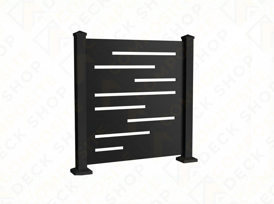 Black privacy screen with blurred lines on a gray background, featuring Sunbelly and Composite Deck Shop logos.