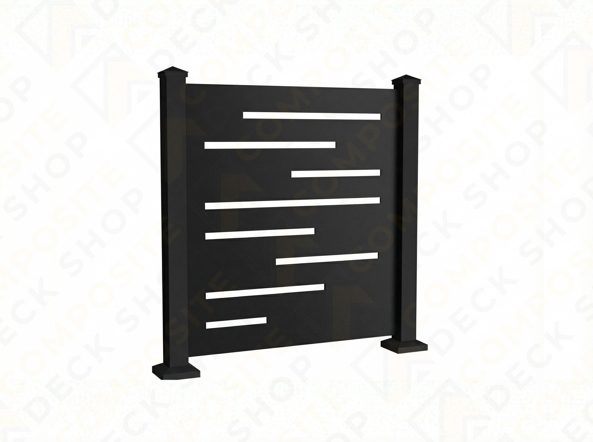 Black powder-coated aluminum privacy fence panel with staggered slats, ideal as an outdoor privacy screen.