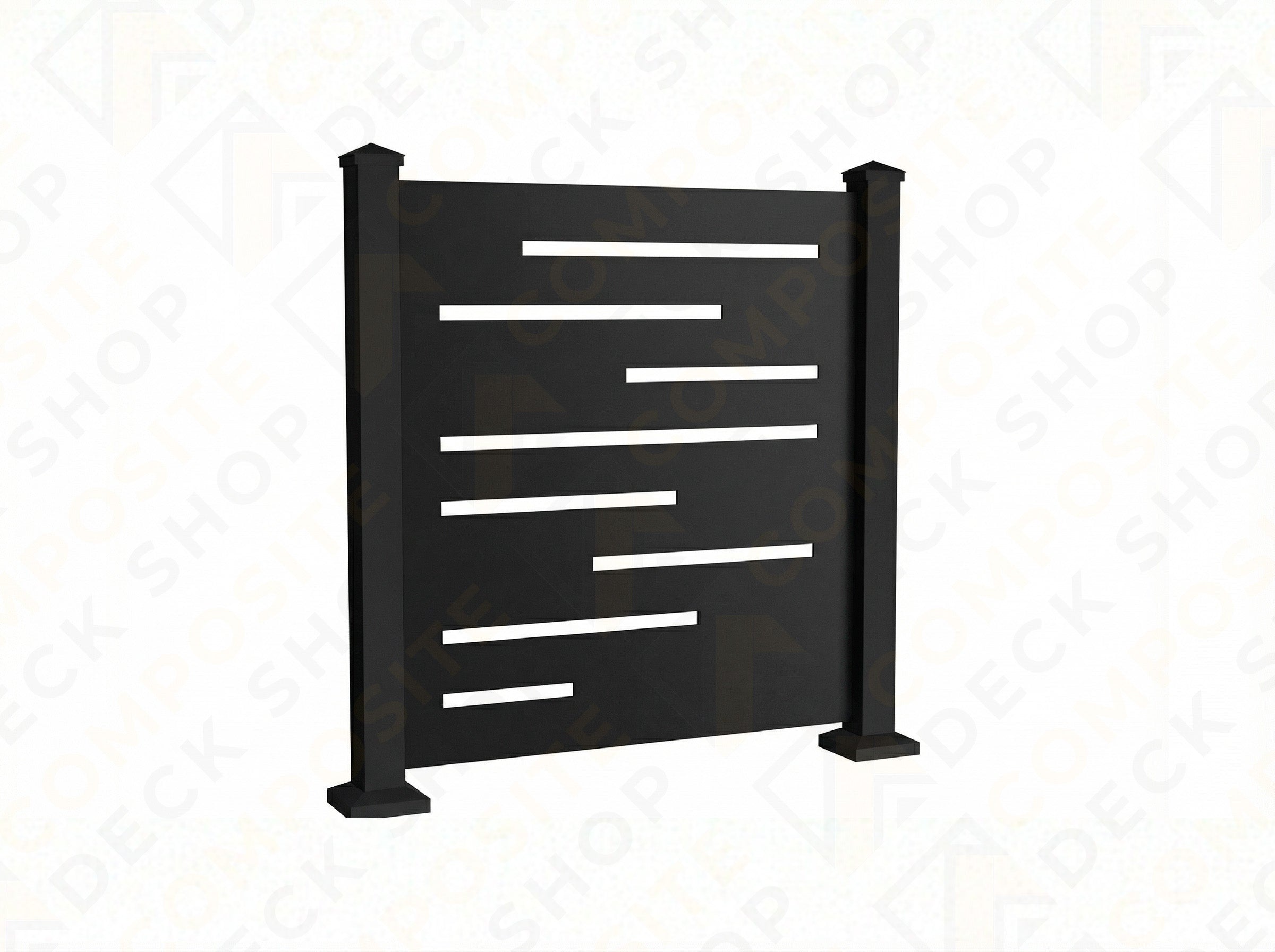 Black powder-coated aluminum privacy fence panel with staggered slats, ideal as an outdoor privacy screen.