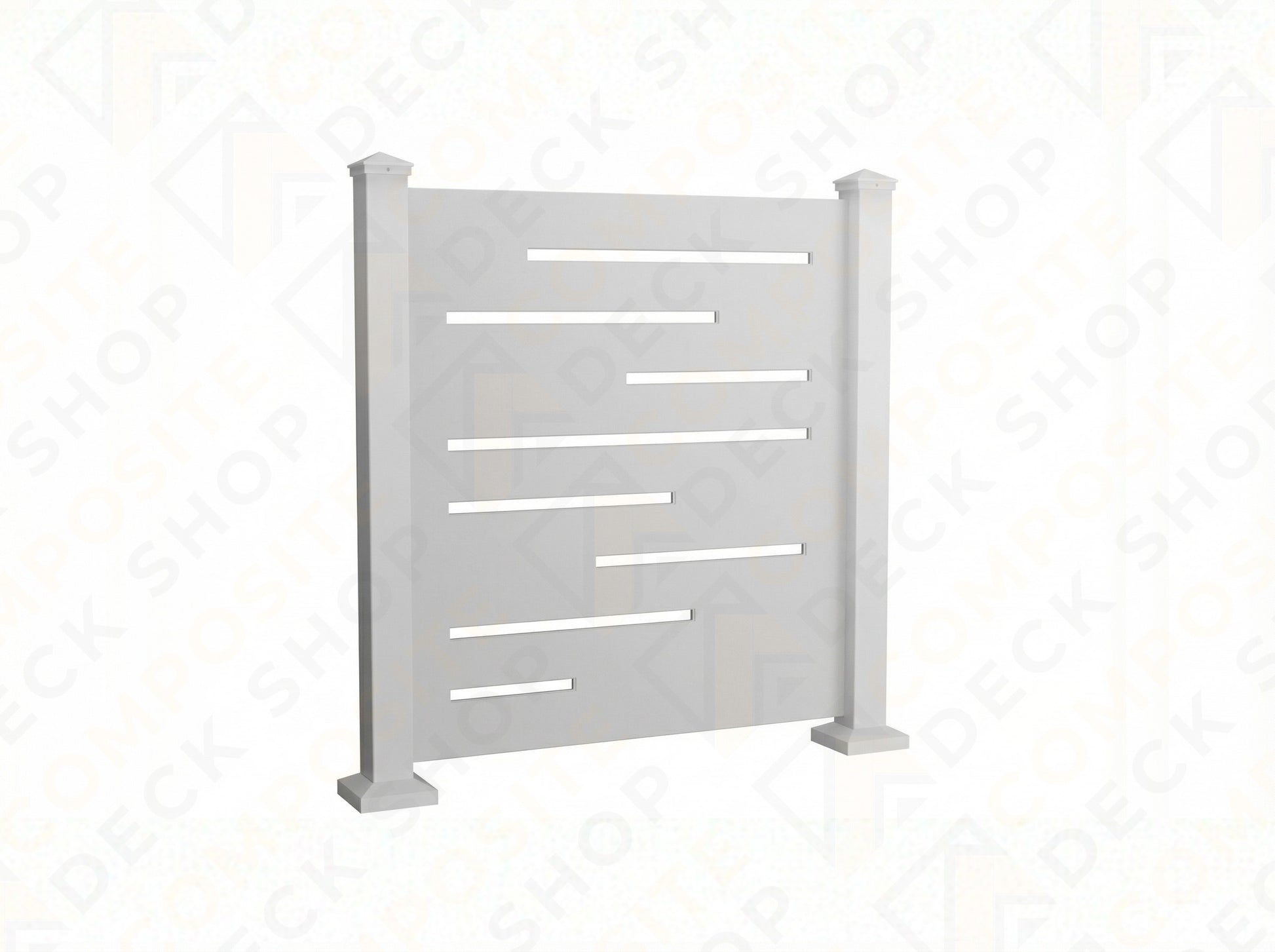 Powder-coated aluminum outdoor privacy panel with horizontal slats, supported by two square posts on each side.