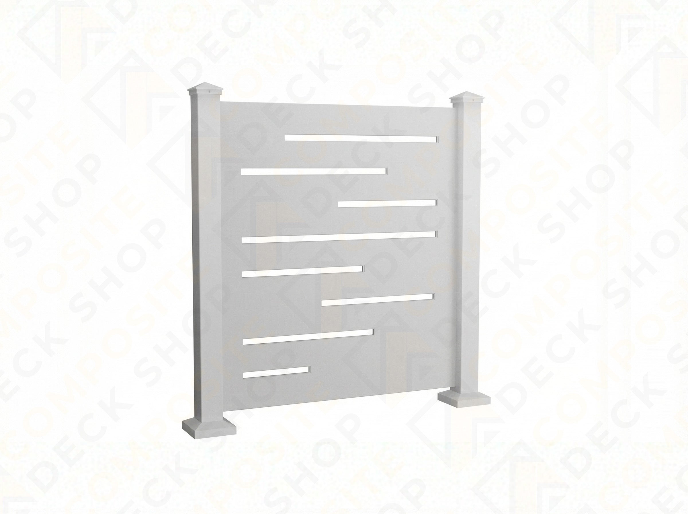 Powder-coated aluminum outdoor privacy panel with horizontal slats, supported by two square posts on each side.
