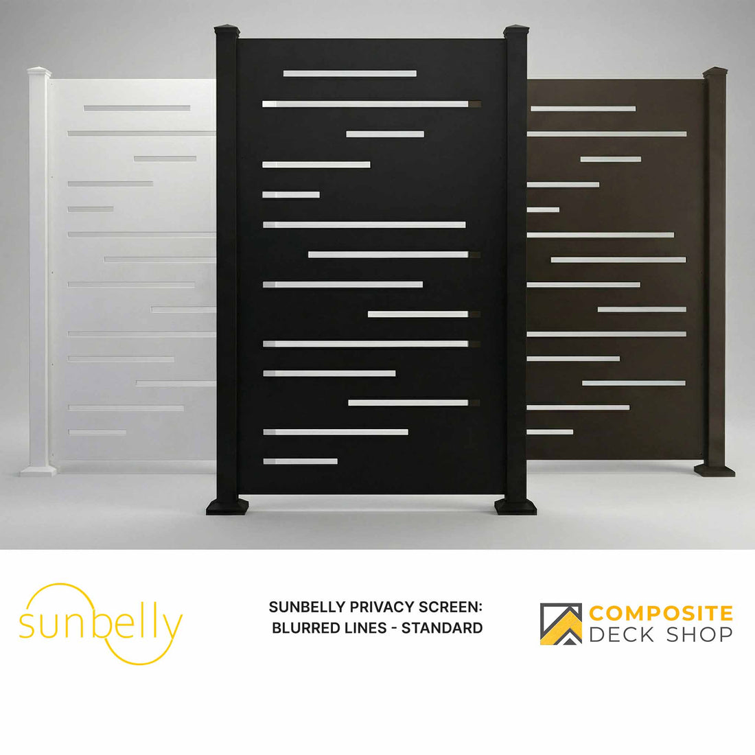 Three modern privacy screens in white, gray, and brown, each laser-cut with horizontal rectangular cutouts.
