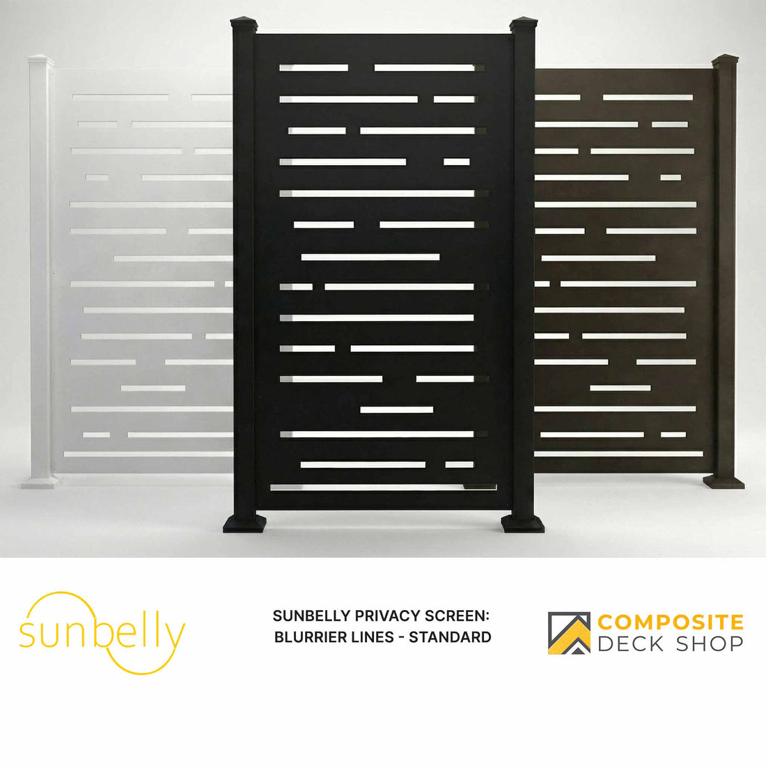 Sunbelly privacy screen with blurred lines design on a white background, featuring Composite Deck Shop branding.
