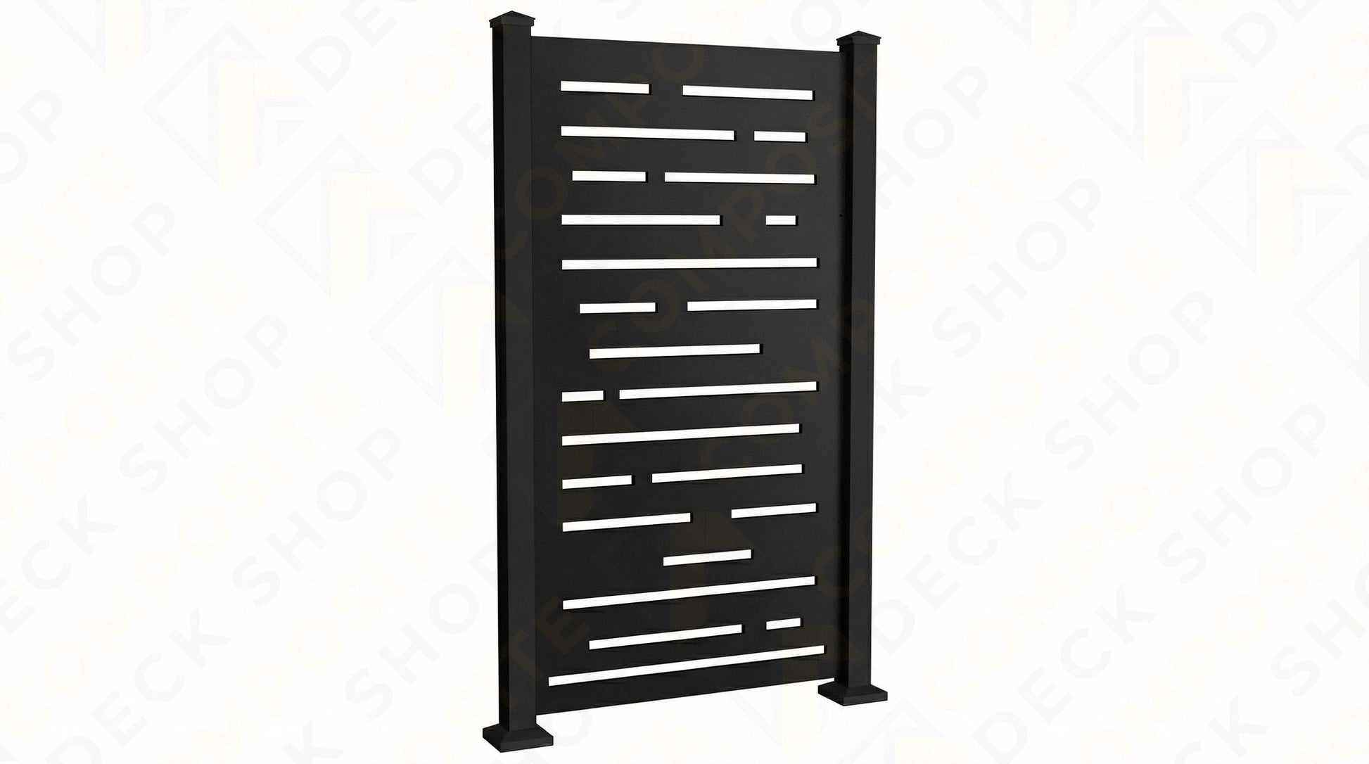 Black aluminum privacy screen with laser-cut panel features a contemporary linear pattern and sturdy vertical posts.