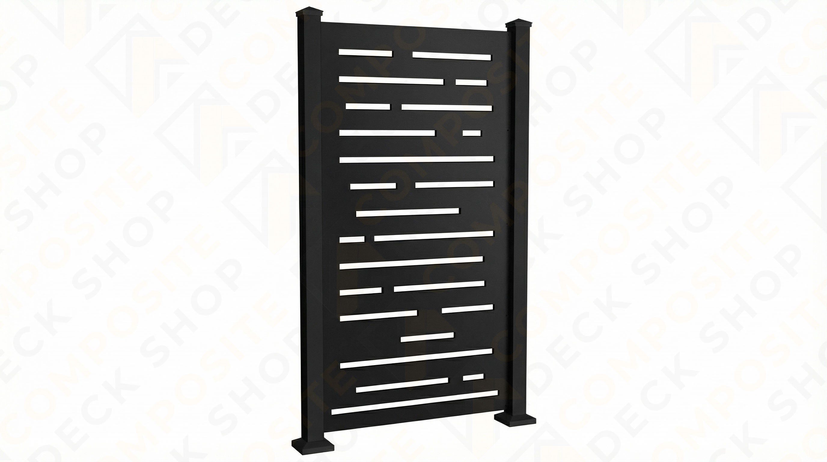 Black aluminum privacy screen with laser-cut panel features a contemporary linear pattern and sturdy vertical posts.