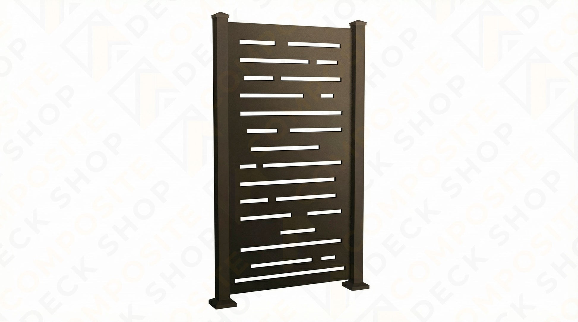 A laser-cut aluminum privacy screen panel with a contemporary linear pattern and two supporting posts, standing upright.