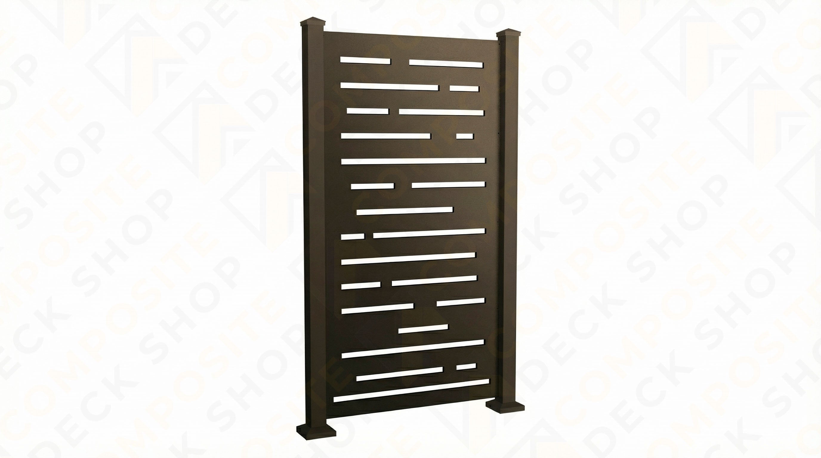 A laser-cut aluminum privacy screen panel with a contemporary linear pattern and two supporting posts, standing upright.