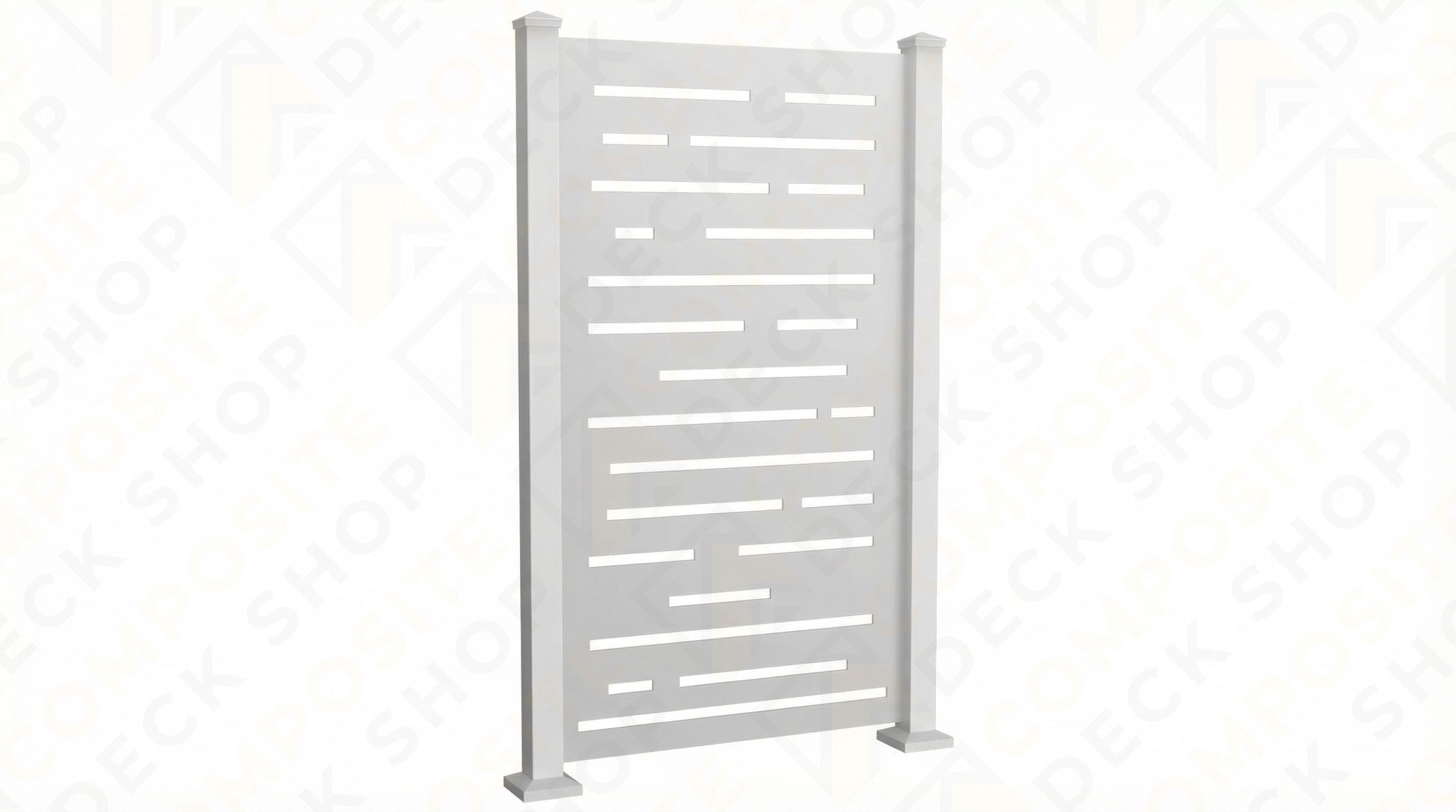 White aluminum privacy screen with a contemporary linear pattern, supported by two vertical posts on either side.