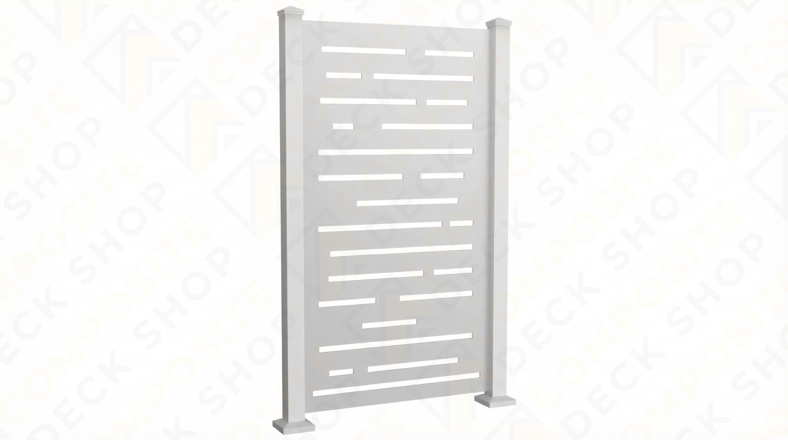 White aluminum privacy screen with a contemporary linear pattern, supported by two vertical posts on either side.
