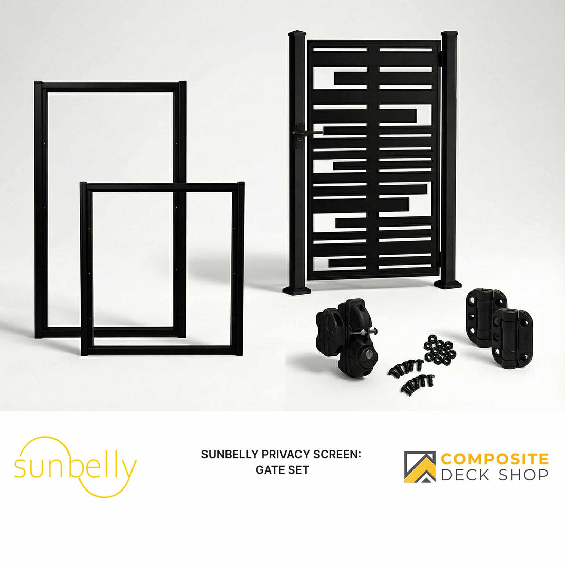 Black metal gate set with frame and hardware, ideal for privacy screen installation. Sunbelly and Composite Deck Shop logos shown.
