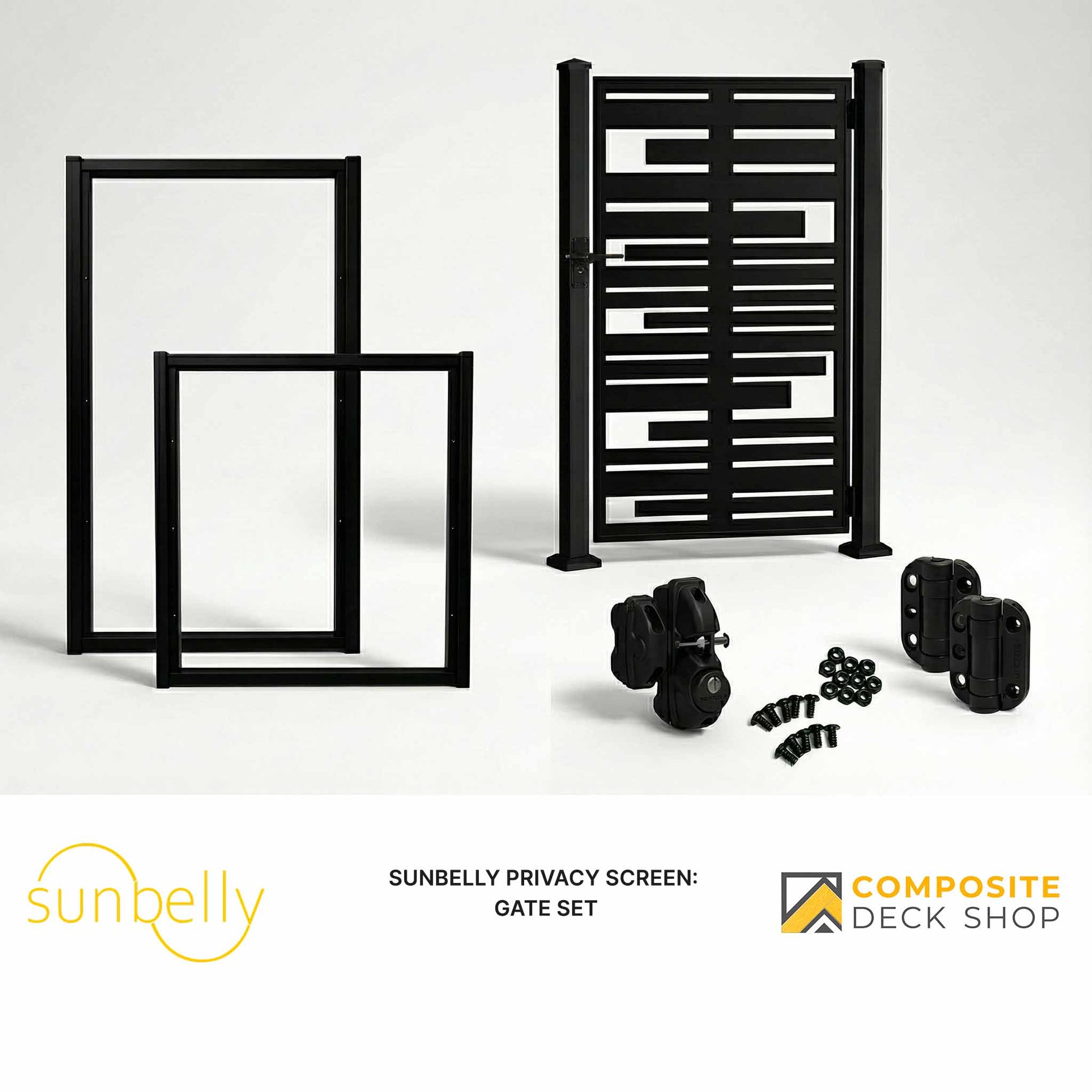 Black metal gate set with frame and hardware, ideal for privacy screen installation. Sunbelly and Composite Deck Shop logos shown.