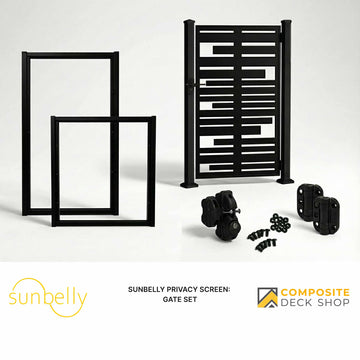 Black metal gate set with frame and hardware, ideal for privacy screen installation. Sunbelly and Composite Deck Shop logos shown.