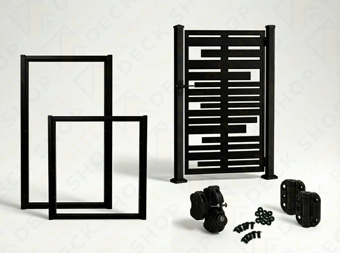 Black metal gate set with frame and hardware, ideal for privacy screen installation. Sunbelly and Composite Deck Shop logos shown.