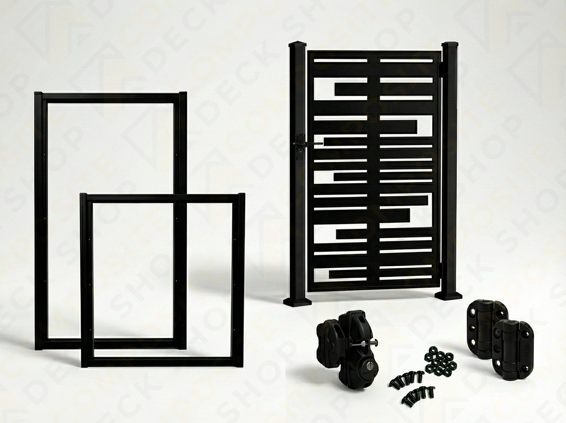 Black metal Gate Set with two frames, a gate, hinges, fasteners—ideal for privacy screen installation.