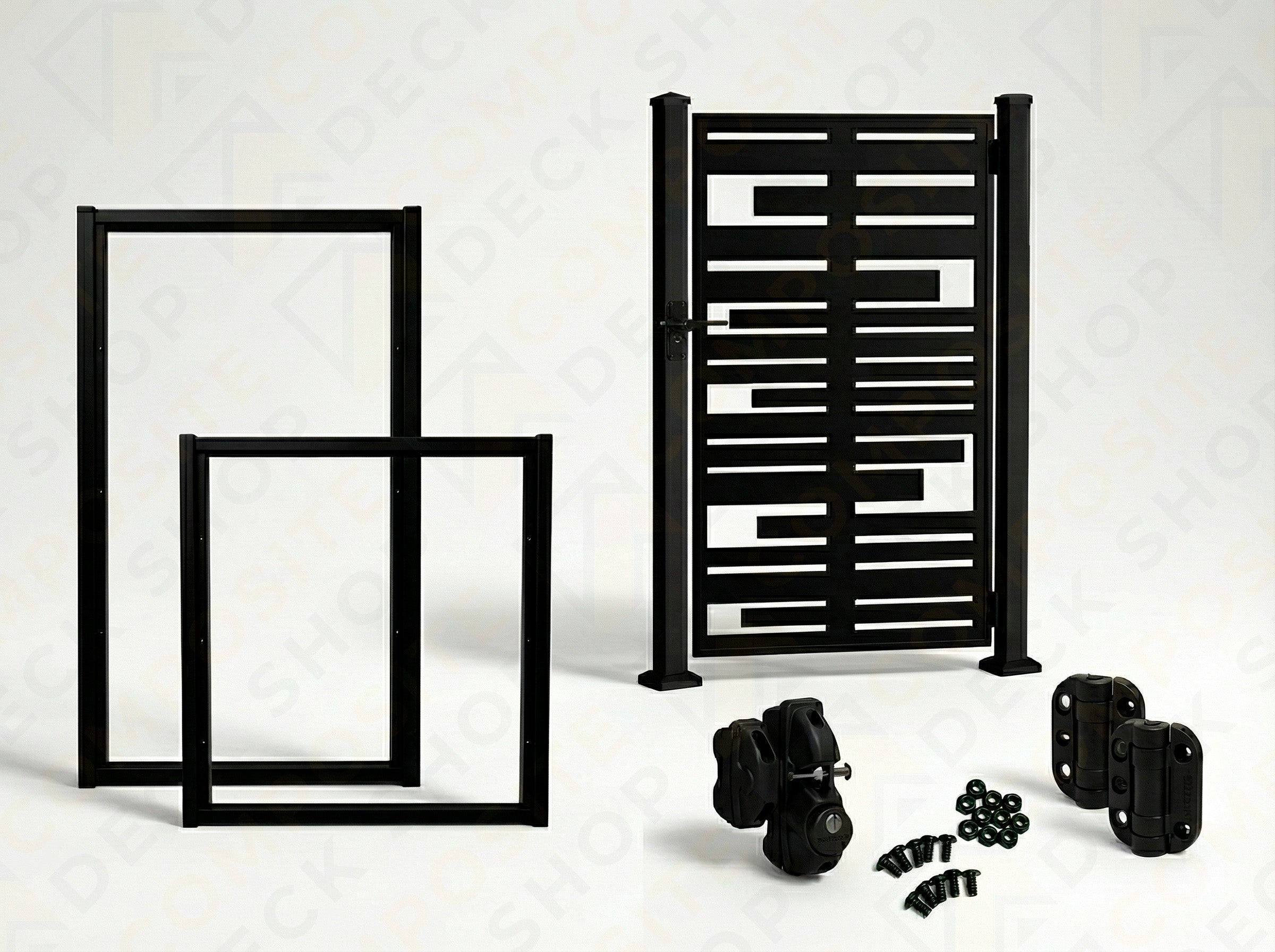Black metal Gate Set with two frames, a gate, hinges, fasteners—ideal for privacy screen installation.